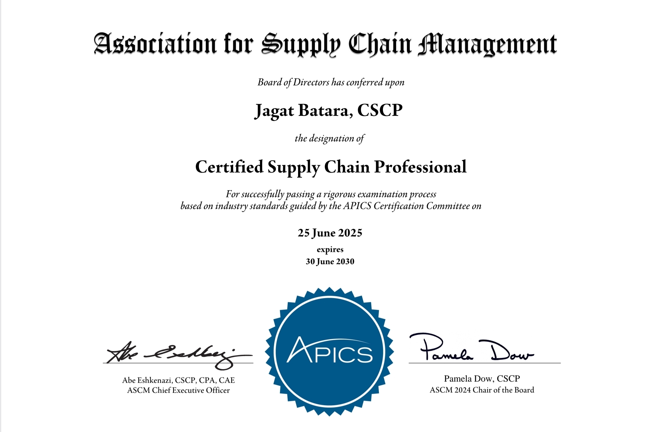 APICS Certified Supply Chain Professional certificate