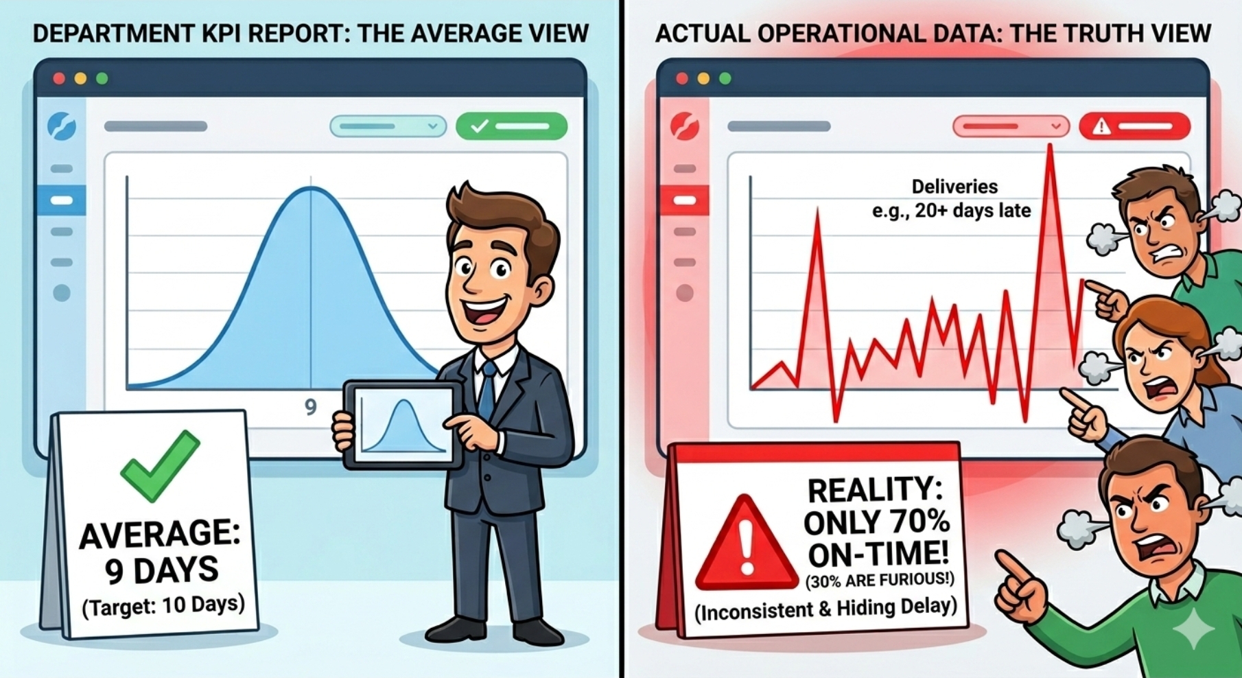 Illustration of the difference between an average-based KPI report and actual operational data